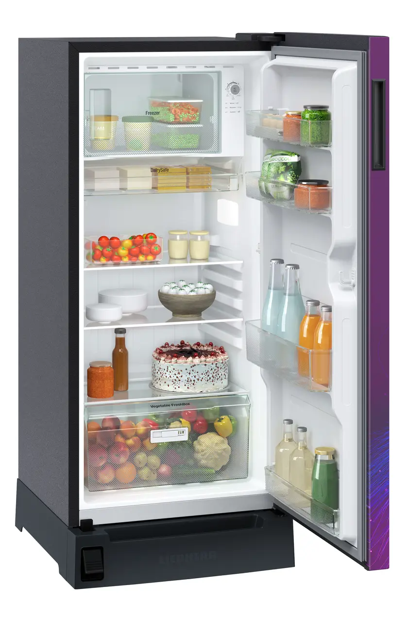 Product image, Perspective: oblique open decorated, Single-door refrigerator 191 l in 3 star with foot pedal base drawer, Casing colour: grey, Door colour: Purple Strings