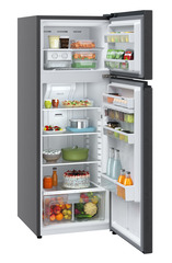 Product image, Perspective: oblique open decorated, Fridge-freezer with NoFrost, Casing colour: grey, Door colour: BlackSteel