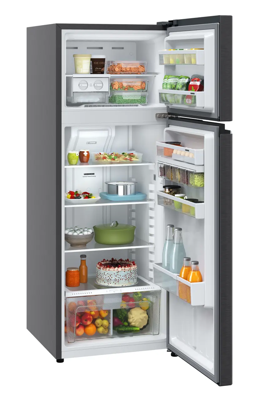 Product image, Perspective: oblique open decorated, Fridge-freezer with NoFrost, Casing colour: grey, Door colour: BlackSteel
