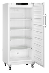 Product image, Perspective: oblique open empty, Laboratory freezer with an interior free of ignition sources, Casing colour: white, Door colour: white