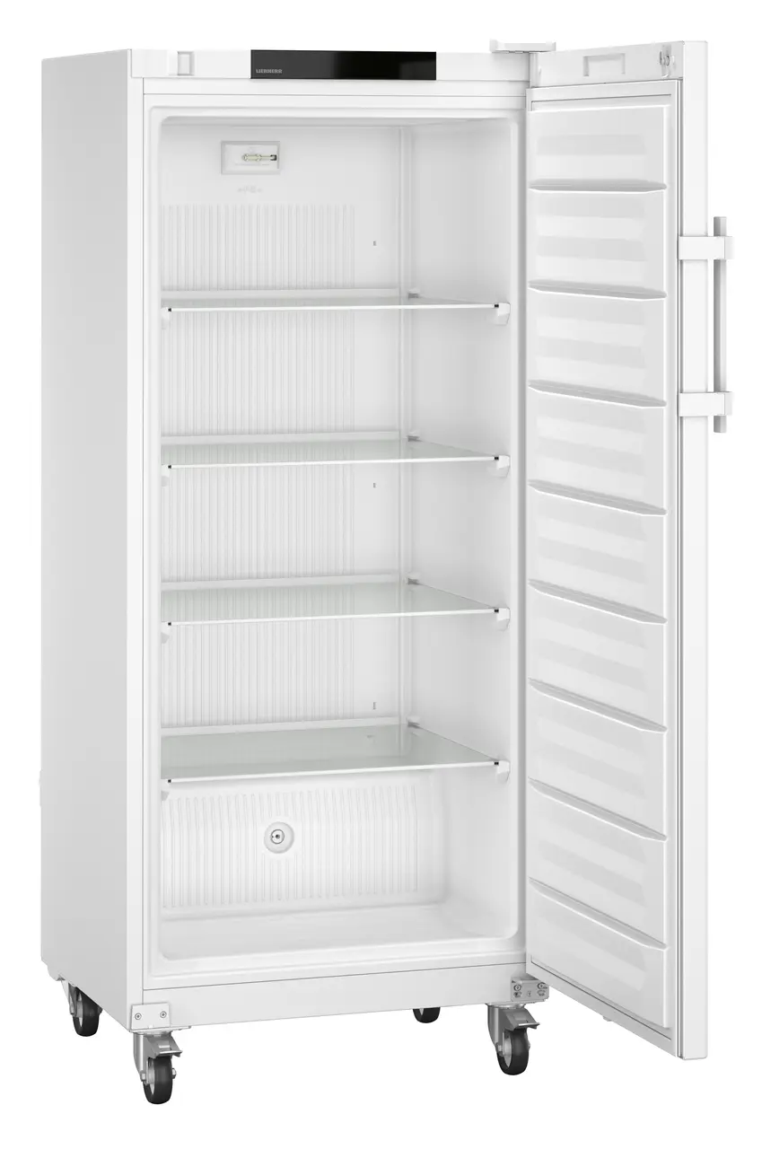 Product image, Perspective: oblique open empty, Laboratory freezer with an interior free of ignition sources, Casing colour: white, Door colour: white