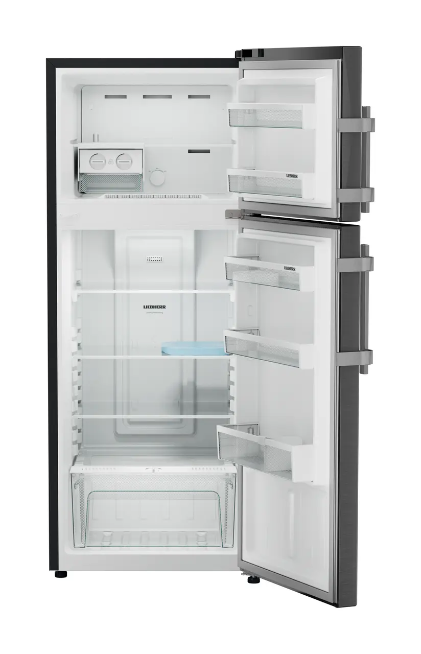Product image, Perspective: straight open empty, Fridge-freezer with NoFrost, Casing colour: grey, Door colour: BlackSteel