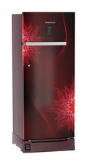 Product image, Perspective: oblique closed, Single-door refrigerator 222 l with foot pedal base drawer and iCoolTouch UI, Casing colour: red, Door colour: Red Mystiq
