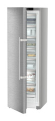 Product image, Perspective: oblique half-open decorated, Freestanding freezer with NoFrost and EasyTwist-Ice, Casing colour: silver, Door colour: stainless steel