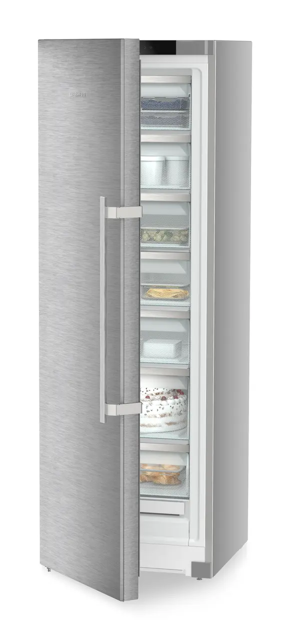 Product image, Perspective: oblique half-open decorated, Freestanding freezer with NoFrost and EasyTwist-Ice, Casing colour: silver, Door colour: stainless steel