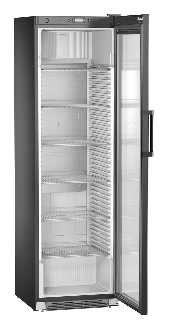 Obraz produktu, Perspektywa: Pod kątem, otwarte, puste, Witryna chłodnicza z chłodzeniem powietrzem obiegowym, Kolor obudowy: Czarna, Kolor drzwi: Czarna