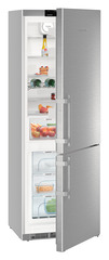 Product image, Perspective: oblique half-open decorated, Combined fridge-freezers with BioCool and NoFrost, Casing colour: silver, Door colour: stainless steel