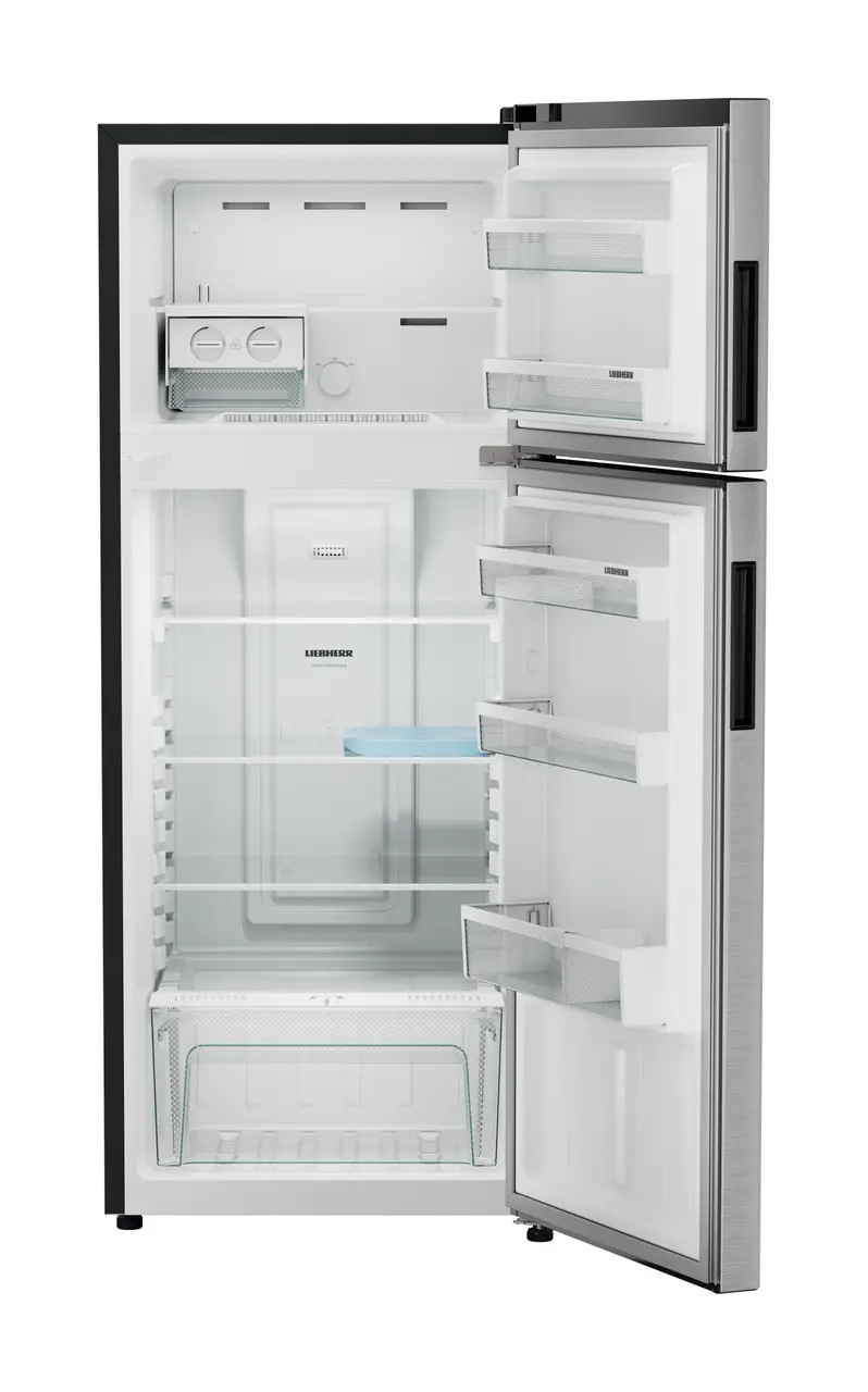 Product image, Perspective: straight open empty, Fridge-freezer with NoFrost, Casing colour: grey, Door colour: Silver Steel