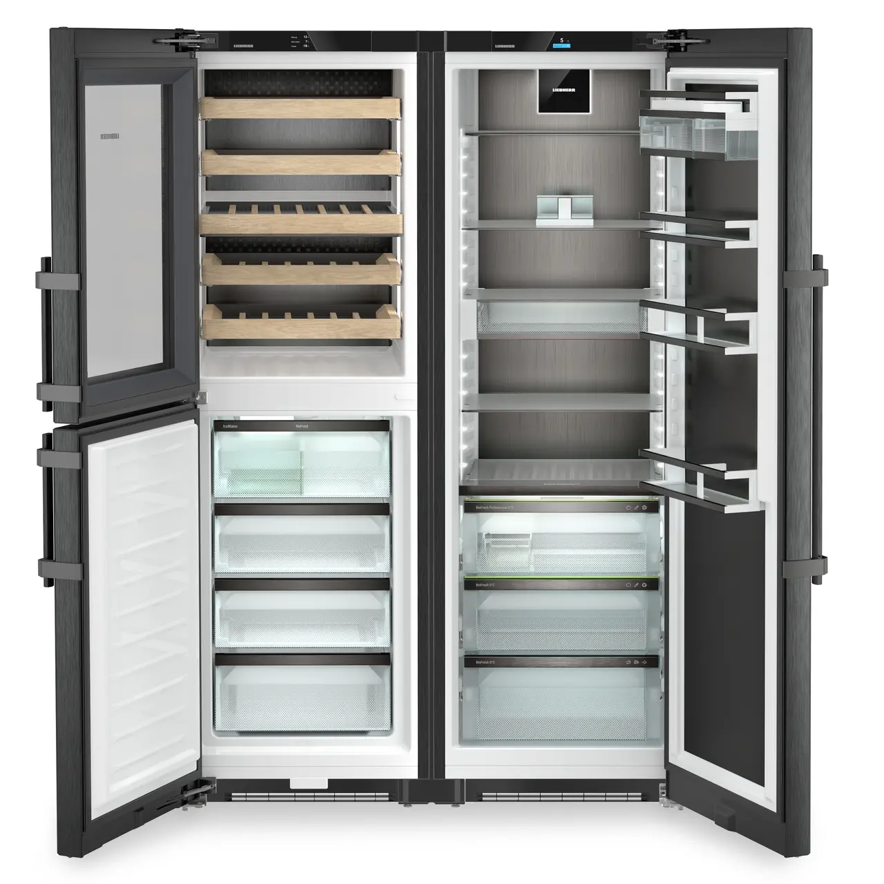 Produkt-Bild, Perspektive: gerade offen leer, Side-by-Side-Kombination mit Weintemperierteil, Gehäusefarbe: BlackSteel, Türfarbe: BlackSteel
