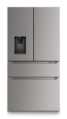 Slika izdelka, Perspektiva: Od spredaj, zaprto, Hladilnik z zamrzovalnikom s francoskimi vrati z 2 zamrzovalnima predaloma in razpršilnikom vode in ledenih kock, Barva ohišja: srebrna, Barva vrat: nerjavno jeklo