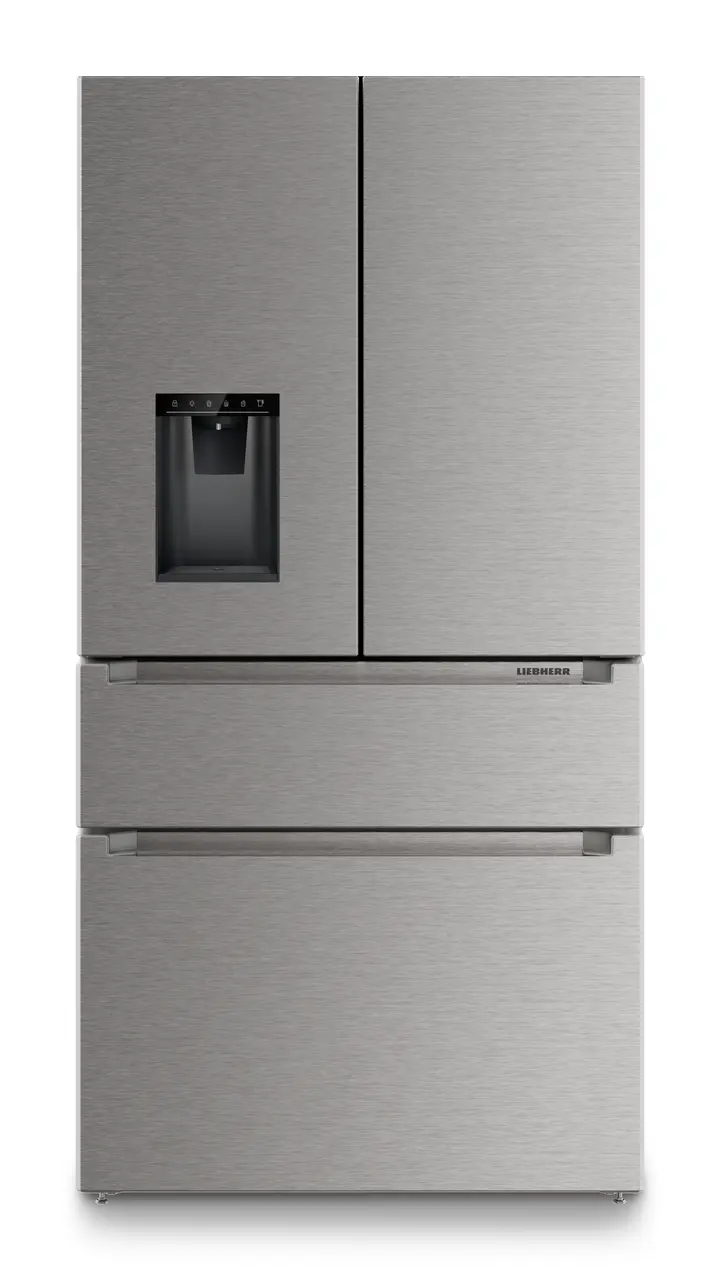 Slika izdelka, Perspektiva: Od spredaj, zaprto, Hladilnik z zamrzovalnikom s francoskimi vrati z 2 zamrzovalnima predaloma in razpršilnikom vode in ledenih kock, Barva ohišja: srebrna, Barva vrat: nerjavno jeklo