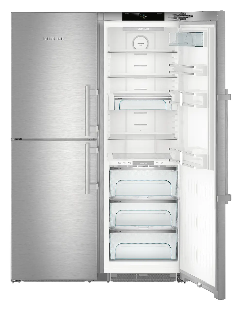 Product image, Perspective: special form, Side-by-Side combination, Casing colour: stainless steel, Door colour: stainless steel