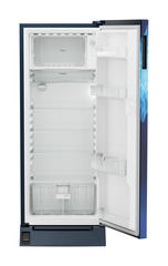 Product image, Perspective: straight open empty, Single-door refrigerator 222 l in 5 star with foot pedal base drawer, Casing colour: blue, Door colour: Blue Mystiq