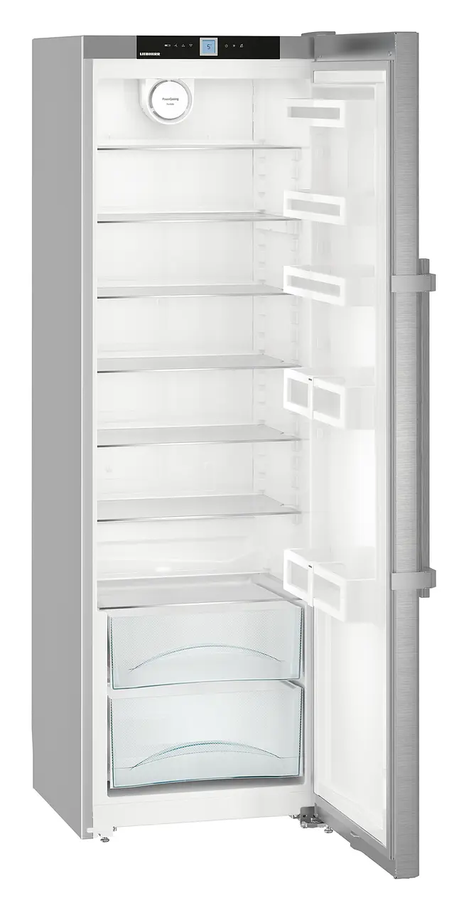 Product image, Perspective: oblique open empty, Refrigerator, Casing colour: silver, Door colour: stainless steel