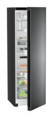 Product image, Perspective: oblique half-open decorated, Freestanding fridge with EasyFresh, Casing colour: black, Door colour: BlackSteel