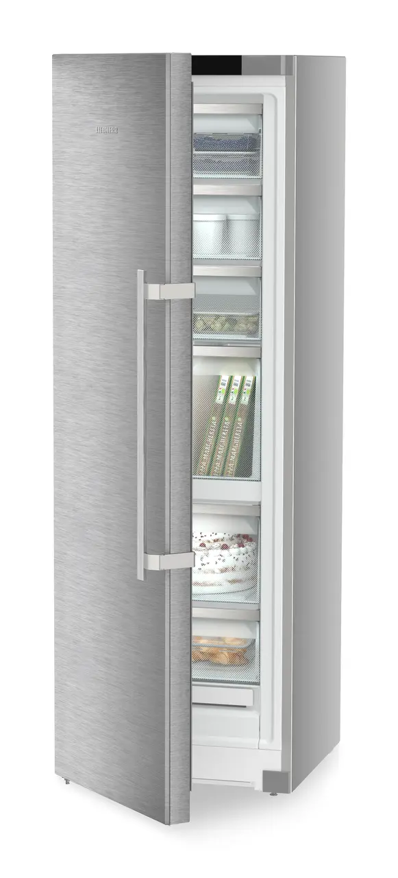 Изображение на продукта, Перспектива: Странично, полуотворен, отворен с продукти, Свободностоящ фризер с NoFrost и IceTower, Цвят на корпуса: фино сребро, Цвят на вратата: благородна стомана