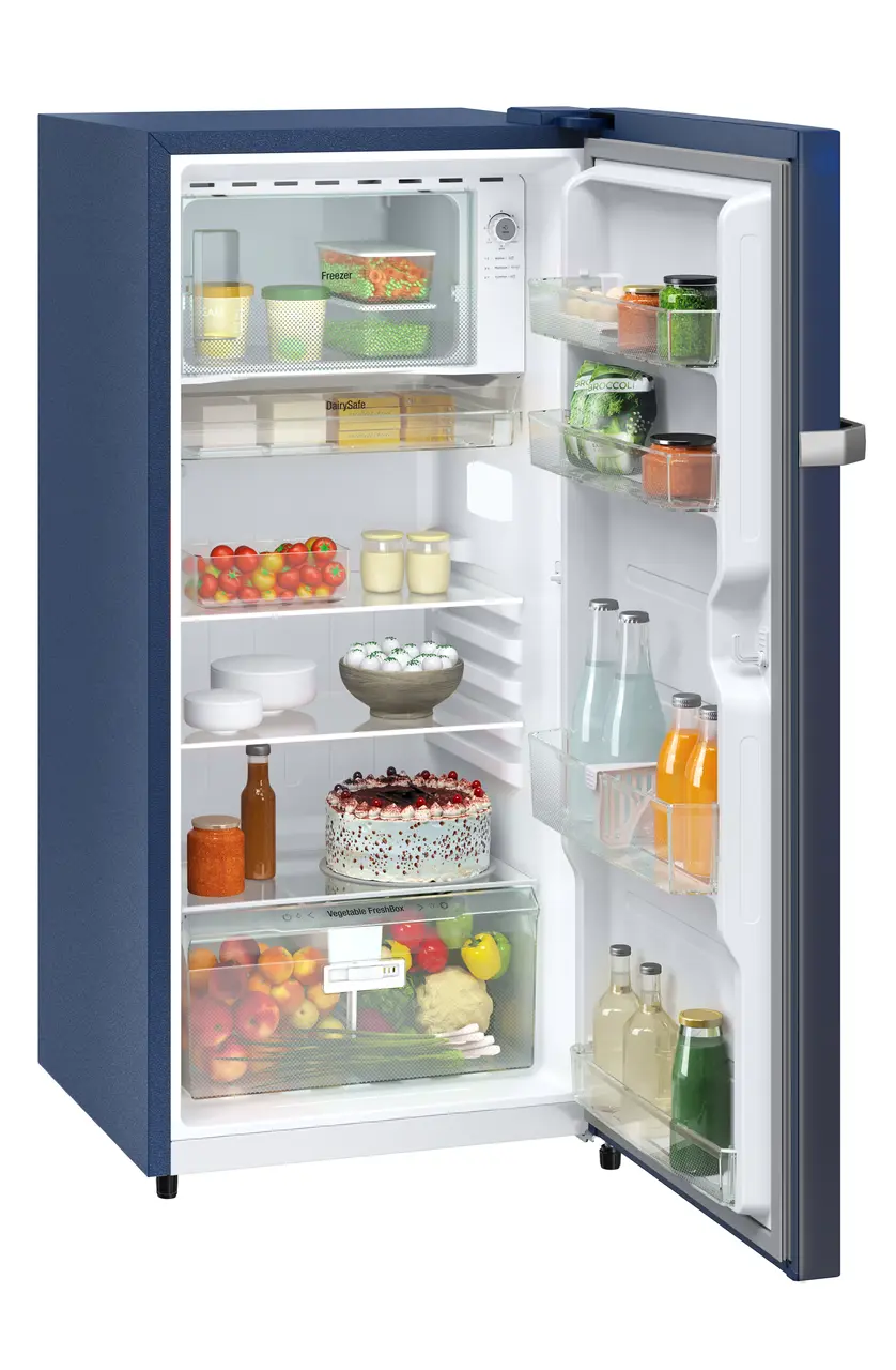 Product image, Perspective: oblique open decorated, Single-door refrigerator 191 l in 5 star with inverter compressor, Casing colour: blue, Door colour: Blue Rosette