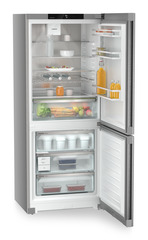 Product image, Perspective: oblique open decorated, Combined fridge-freezers with EasyFresh and NoFrost, Casing colour: silver, Door colour: stainless steel