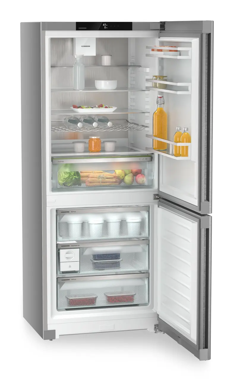 Product image, Perspective: oblique open decorated, Combined fridge-freezers with EasyFresh and NoFrost, Casing colour: silver, Door colour: stainless steel