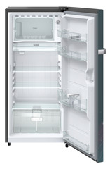 Product image, Perspective: straight open empty, Single-door fridge 191 l in 4 star with inverter compressor, Casing colour: grey, Door colour: Teal Strings