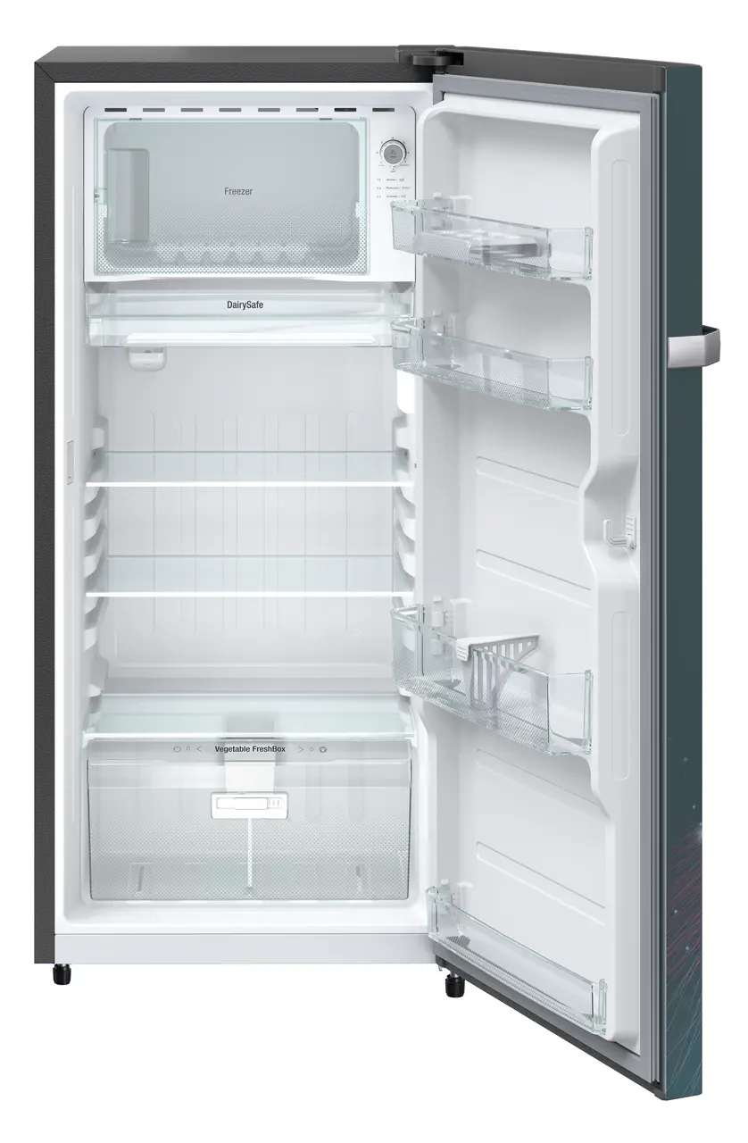 Product image, Perspective: straight open empty, Single-door fridge 191 l in 4 star with inverter compressor, Casing colour: grey, Door colour: Teal Strings