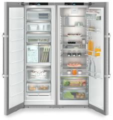 Изображение на продукта, Перспектива: Отпред, отворен, отворен с продукти, Комбинация Side-by-Side, Цвят на корпуса: фино сребро, Цвят на вратата: благородна стомана