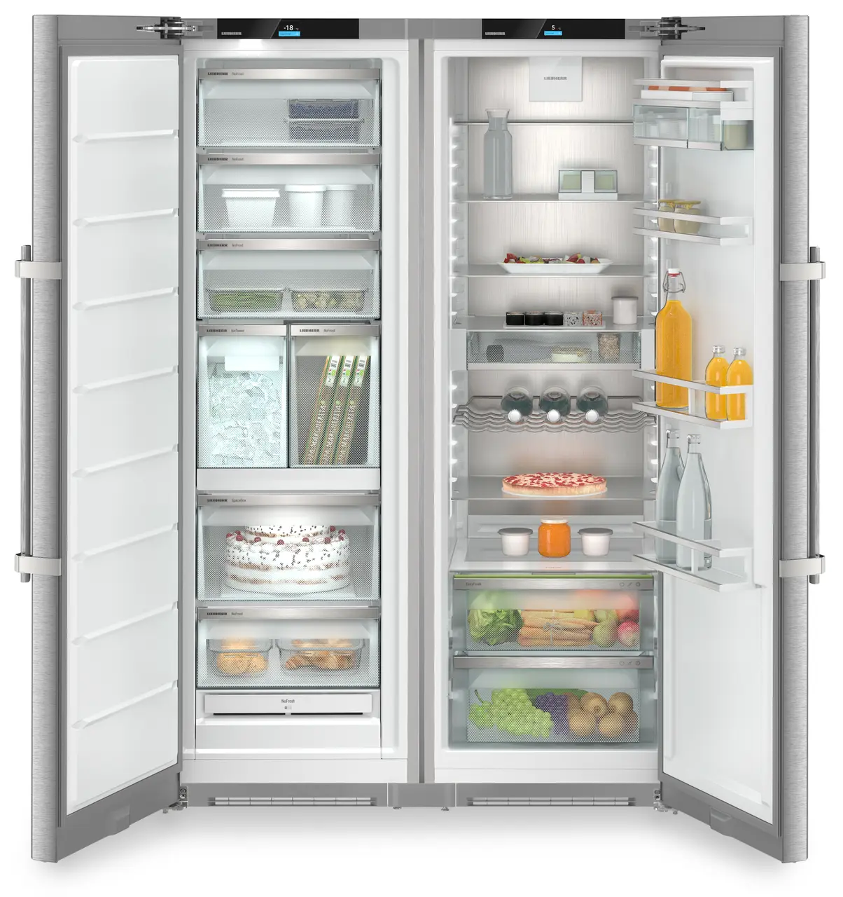 Изображение на продукта, Перспектива: Отпред, отворен, отворен с продукти, Комбинация Side-by-Side, Цвят на корпуса: фино сребро, Цвят на вратата: благородна стомана