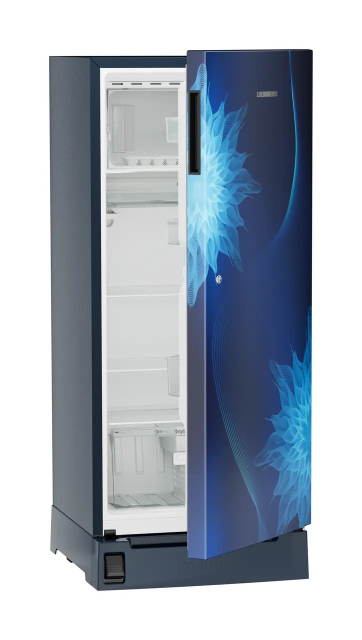 Product image, Perspective: oblique half-open empty, Single-door refrigerator 202 l in 3 star with foot pedal base drawer, Casing colour: blue, Door colour: Blue Mystiq