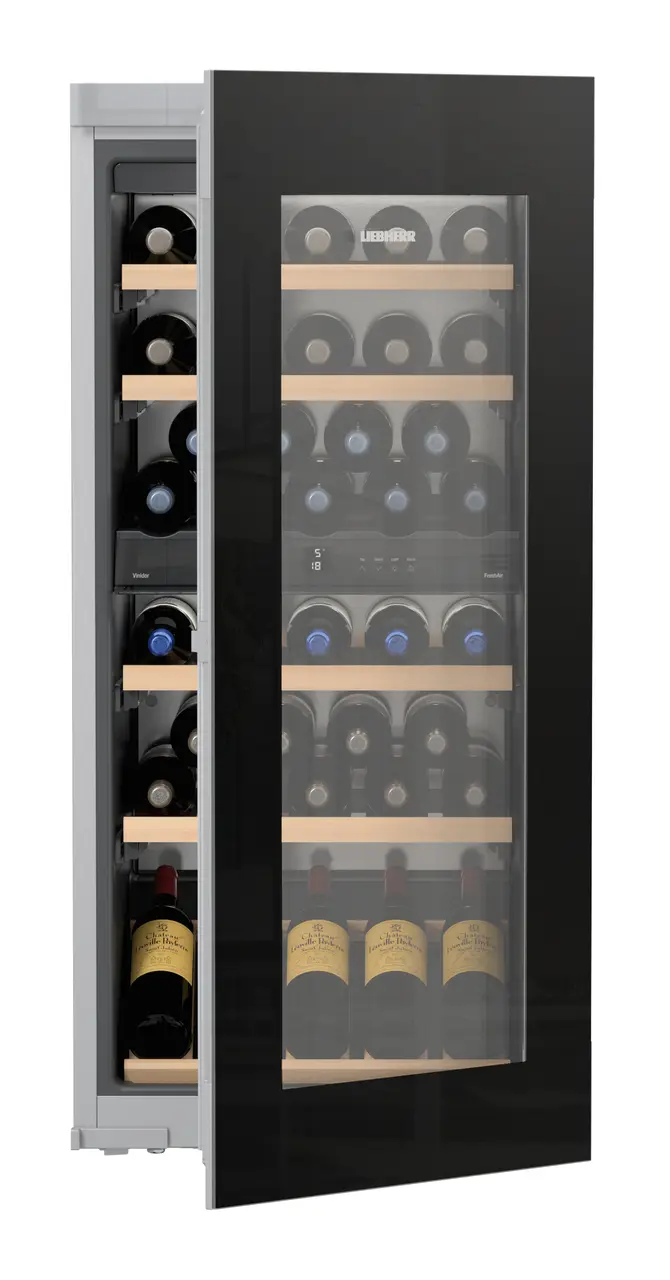 Product image, Perspective: straight half-open decorated, Built-in multi-temperature wine cabinet, Casing colour: silver, Door colour: GlassBlack