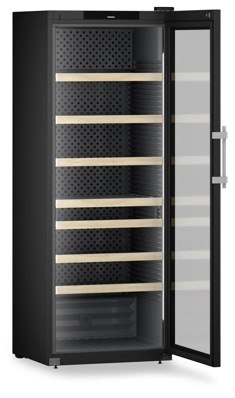 Produkt-Bild, Perspektive: schräg offen leer, Weinschrank Professional, Gehäusefarbe: Schwarz, Türfarbe: Schwarz