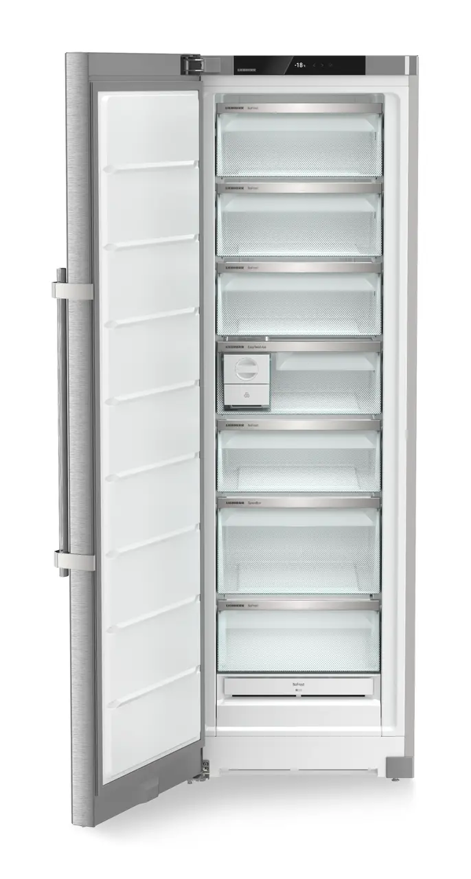 Product image, Perspective: straight open empty, Freestanding freezer with NoFrost and EasyTwist-Ice, Casing colour: silver, Door colour: stainless steel