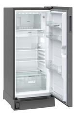 Product image, Perspective: oblique open empty, Single-door refrigerator 202 l in 3 star with foot pedal base drawer, Casing colour: grey, Door colour: Silver Steel