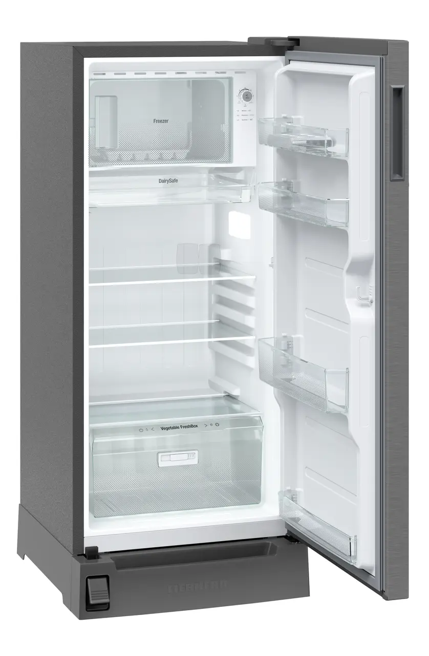 Product image, Perspective: oblique open empty, Single-door refrigerator 202 l in 3 star with foot pedal base drawer, Casing colour: grey, Door colour: Silver Steel