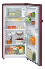 Product image, Perspective: straight open decorated, Single-door fridge 191 l in 1 star with inverter compressor, Casing colour: red, Door colour: Red Wonder