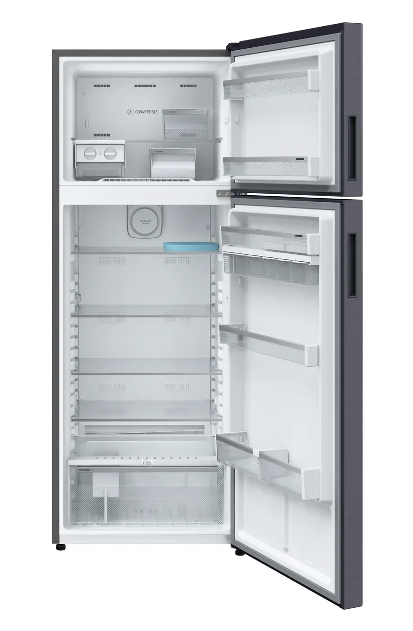 Product image, Perspective: straight open empty, Fridge-freezer with NoFrost, Casing colour: grey, Door colour: Cobalt Steel