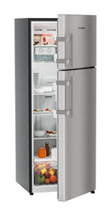 Product image, Perspective: oblique half-open decorated, Fridge-freezer with NoFrost, Casing colour: grey, Door colour: Stainless Steel