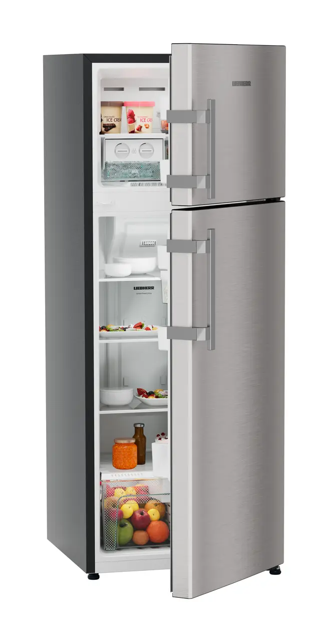 Product image, Perspective: oblique half-open decorated, Fridge-freezer with NoFrost, Casing colour: grey, Door colour: Stainless Steel