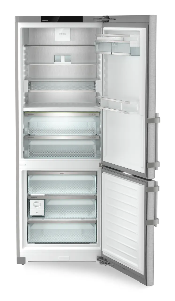 Product image, Perspective: straight open empty, Fridge-freezer with BioFresh and NoFrost, Casing colour: silver, Door colour: stainless steel