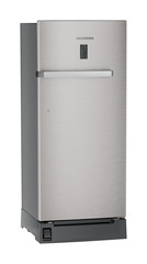 Product image, Perspective: oblique closed, Single-door refrigerator 202 l with foot pedal base drawer and iCoolTouch UI, Casing colour: grey, Door colour: Stainless Steel