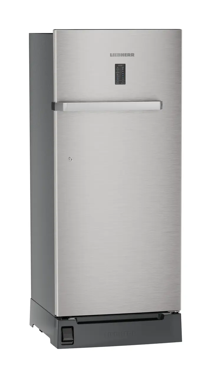 Product image, Perspective: oblique closed, Single-door refrigerator 202 l with foot pedal base drawer and iCoolTouch UI, Casing colour: grey, Door colour: Stainless Steel