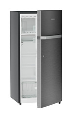Product image, Perspective: oblique half-open empty, Single-door fridge, 191 l in 2 star and horizontal handle, Casing colour: grey, Door colour: Silver Steel