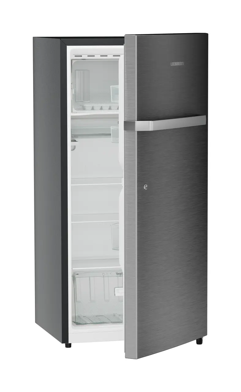 Product image, Perspective: oblique half-open empty, Single-door fridge, 191 l in 2 star and horizontal handle, Casing colour: grey, Door colour: Silver Steel