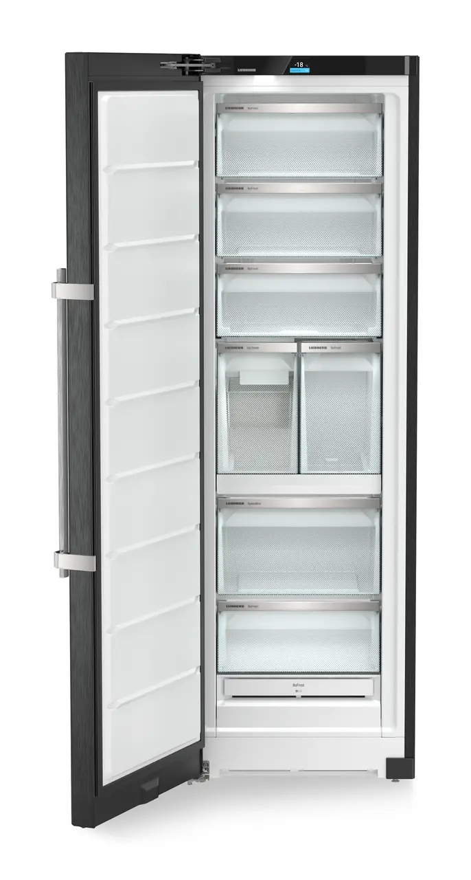 Product image, Perspective: straight open empty, Freestanding freezer with NoFrost and IceTower, Casing colour: BlackSteel, Door colour: BlackSteel