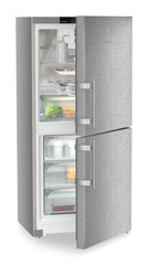 Product image, Perspective: oblique half-open decorated, Combined fridge-freezers with EasyFresh and NoFrost, Casing colour: silver, Door colour: stainless steel