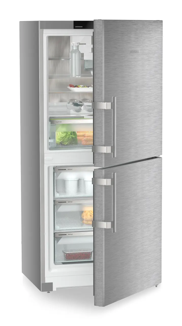 Product image, Perspective: oblique half-open decorated, Combined fridge-freezers with EasyFresh and NoFrost, Casing colour: silver, Door colour: stainless steel