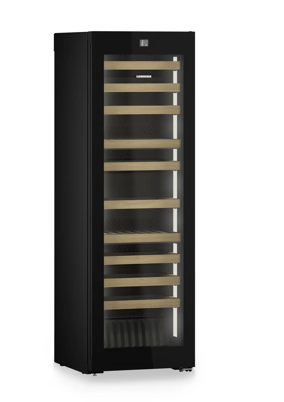 Product image, Perspective: oblique closed empty, Multi-temperature wine cabinet, Casing colour: BlackSteel, Door colour: GlassBlack