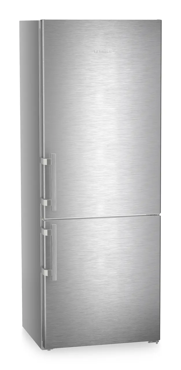 Product image, Perspective: oblique closed, Combined fridge-freezers with EasyFresh and NoFrost, Casing colour: silver, Door colour: stainless steel
