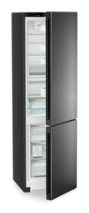 Product image, Perspective: oblique half-open empty, Combined fridge-freezers with EasyFresh and NoFrost, Casing colour: black, Door colour: BlackSteel