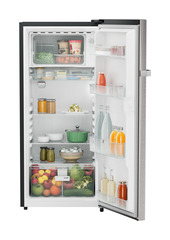Product image, Perspective: straight open decorated, Single-door refrigerator 202 l in 3 star and horizontal handle, Casing colour: grey, Door colour: Stainless Steel