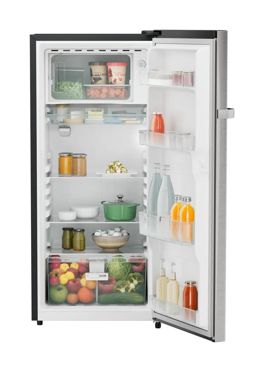 Product image, Perspective: straight open decorated, Single-door refrigerator 202 l in 3 star and horizontal handle, Casing colour: grey, Door colour: Stainless Steel
